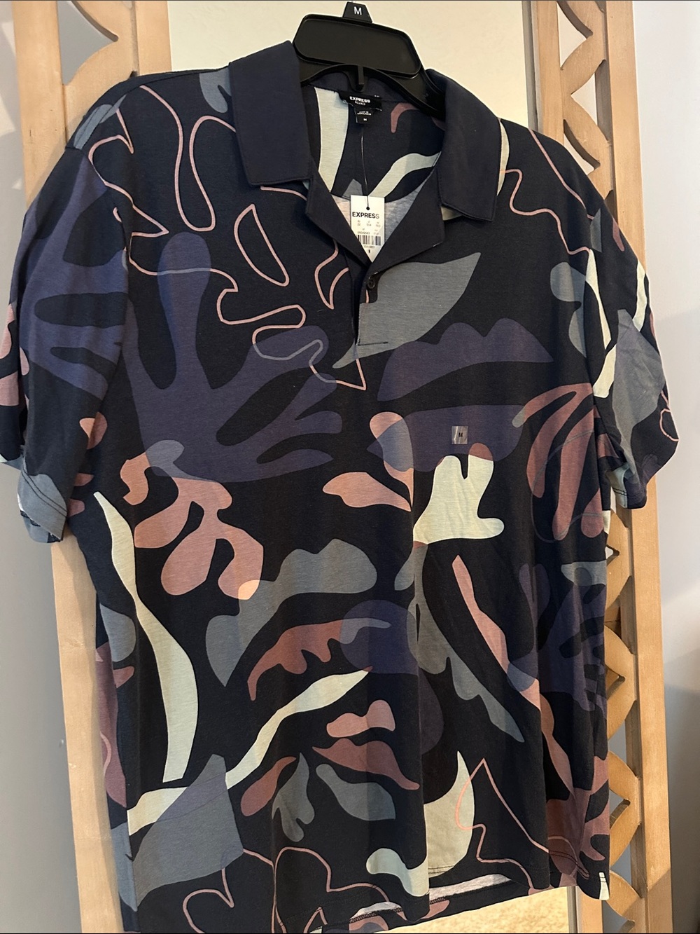 Express Black Abstract Camo Polo with Muted Accents - Relaxed Fit
